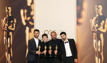 Basel Adra, Rachel Szor, Hamdan Ballal, Yuval Abraham pose with Oscar for Best Documentary Feature Film for “No Other Land.”